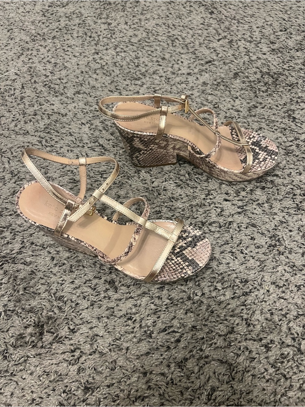 Kate Spade Venezia Gold & Snake-print Strappy Block Heel Sandals